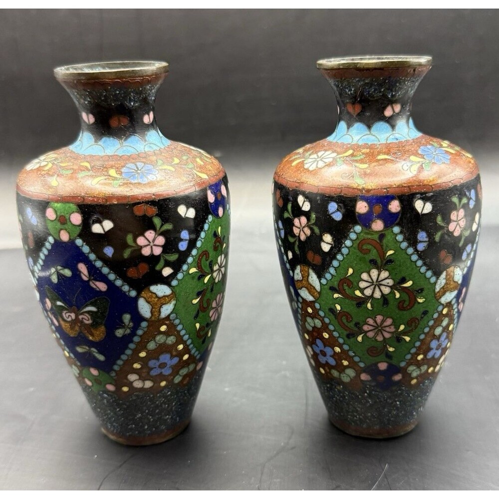 Pair of Antique Meiji Period Japanese Cloisonne Enamel Multicolor Vases 4.5"